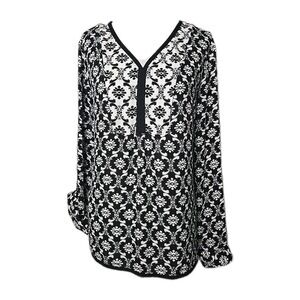 The Limited Black White Floral Chiffon Tab-Sleeve Blouse Top Large L
